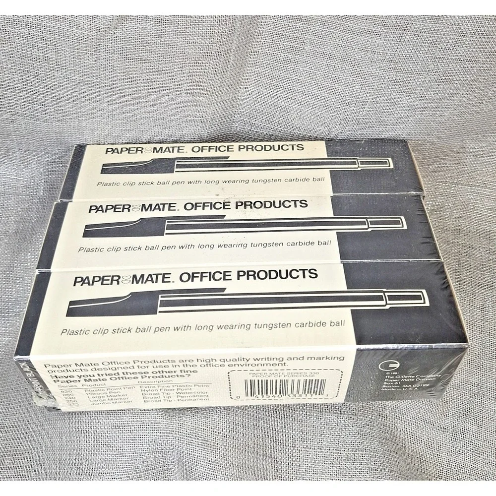 3 Sealed Boxes '80s Paper Mate 330 Plastic Clip Stick Ball Pens 333-11 Med Black
